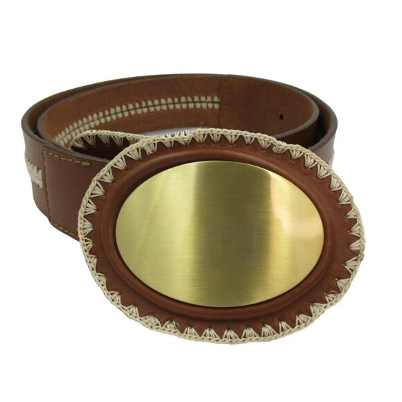 Chico\'s Western Belt Brown Beige Leather Adjustable Hook Eye Embroidered 36-40